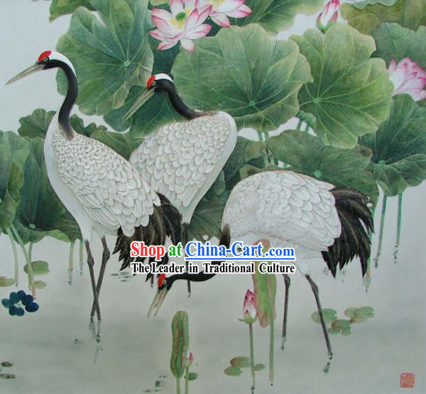 Chinese Classic Large Hand Carved Wood House Solid Decorative Painting-Cranes Group