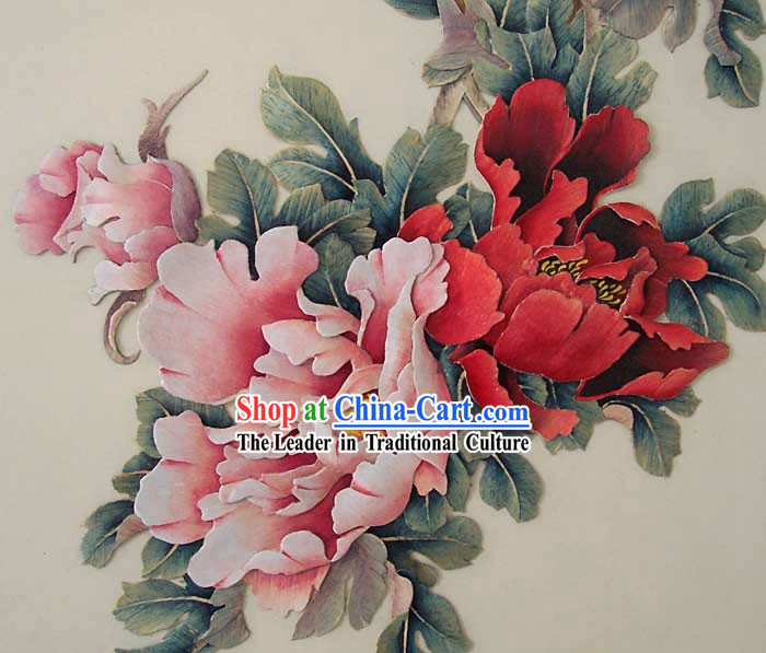 Chinese Hand Carved Wood House Solid Decorative Painting-Palace Peony