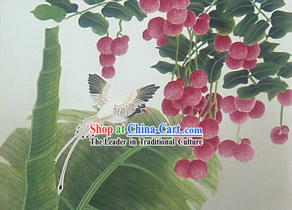 Chinese Classic Large Hand Carved Wood House Solid Decorative Painting-Lichee and Bird