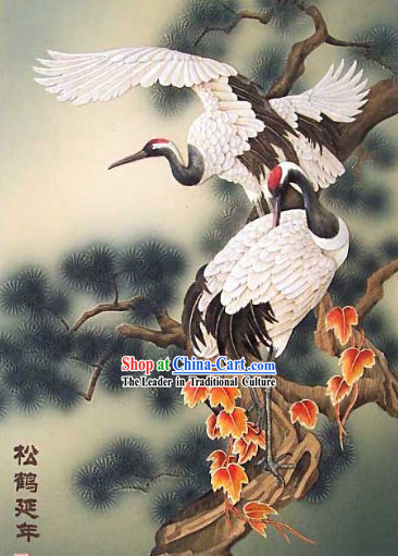 Chinese Classic Hand Carved Wood House Solid Decorative Painting-Cranes