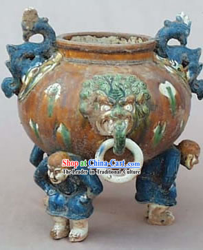 Chinese Classic Archaized Tang San Cai Statue-Three Men Foot Dragon Pot
