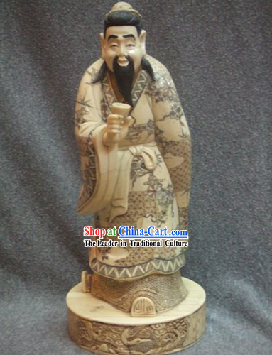 Chinese Classic Ox Bone Handicraft Sculpture Statue-Lu Yu Tasting Tea