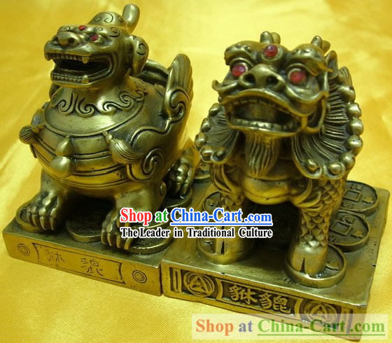 Chinese Classic Brass Statue-Doule Horn Pi Qiu and Single Horn Pi Qiu Set