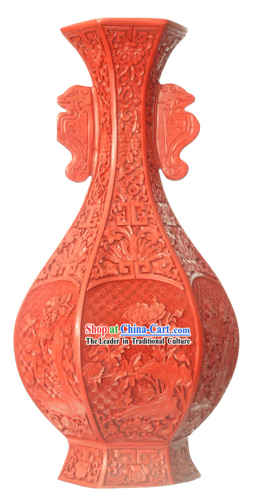 Chinese Palace Lacquer Works-Double Ears Carved Red Bottle