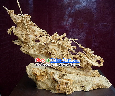 Chinese Hand Carved Sculpture-Three Heroes Fighting with Lu Bu