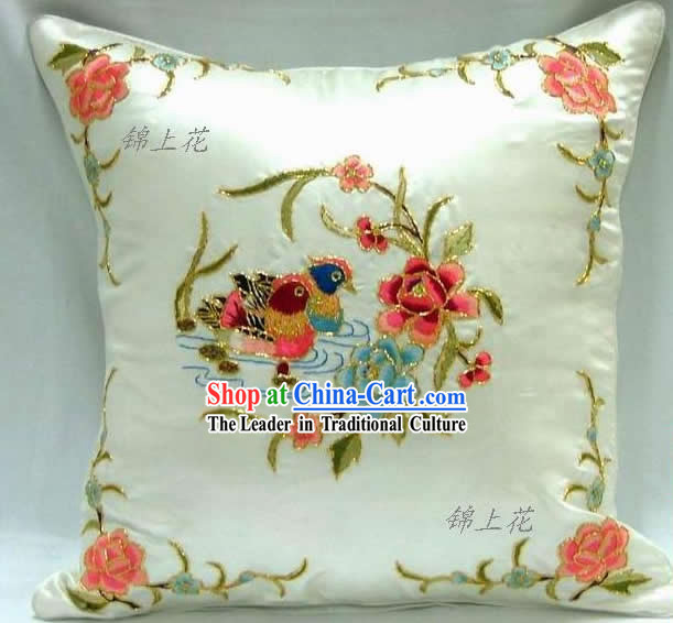 Hand Made Embroidery Mandarin Duck Love Silk Cushion