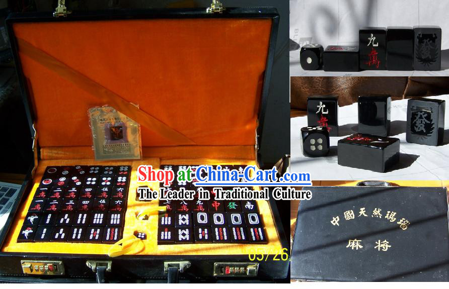 Chinese Nature High-class Black Agate Mahjong Imperial Set_144 pieces_