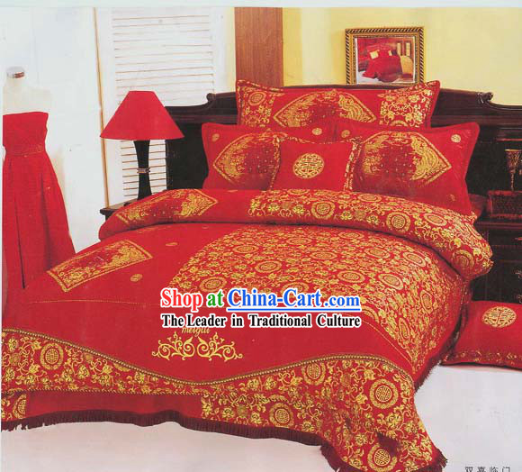 Chinese Classic Double Happiness Seven Pieces Bed Set