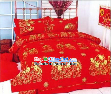Chinese Classical Cotton Wedding Bed Sheet Set_Four Pieces_-More Children, More Happiness