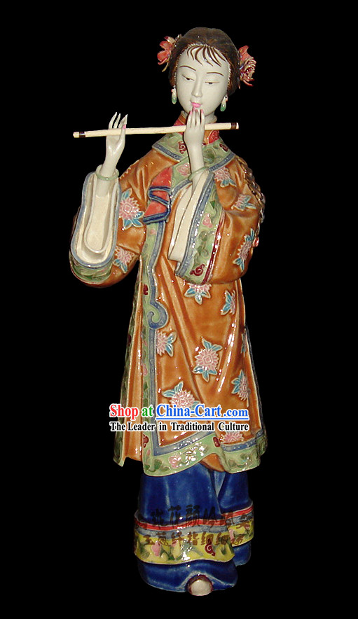 Chinese Stunning Colourful Porcelain Collectibles-Ancient Beauty Playing Xiao