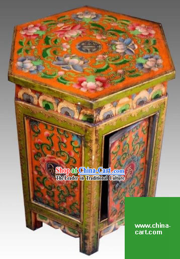 Chinese Palace Yellow Coloured Painting Storage Cabinet and Stool