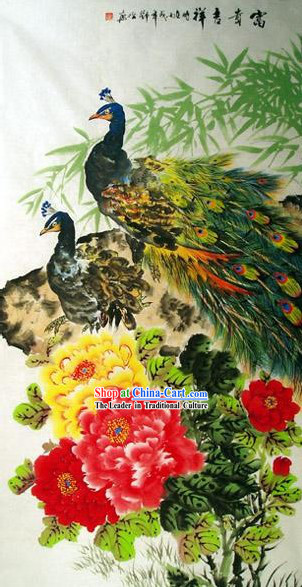 Chinese Hand Painted Painting by Qin Xia-Peacock Love