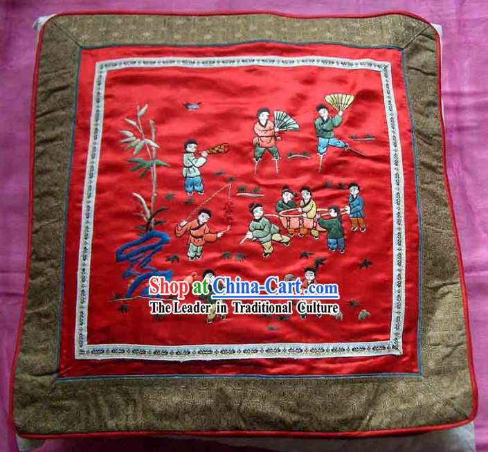 Chinese Hand Embroidered Silk Cushion-The More Sons, The More Blessings