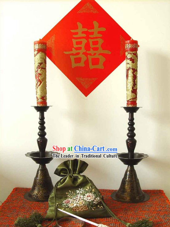 Chinese Wedding Copper Candlestick and Dragon Phoenix Candles