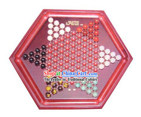 Classic Natural Agate and Wood Chinese Checkers Set