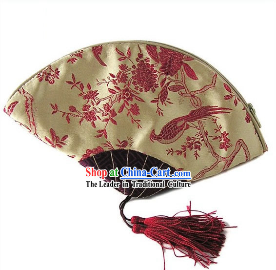 Chinese Traditional Handmade Bird and Flower Fan Shape Banquet Handbag