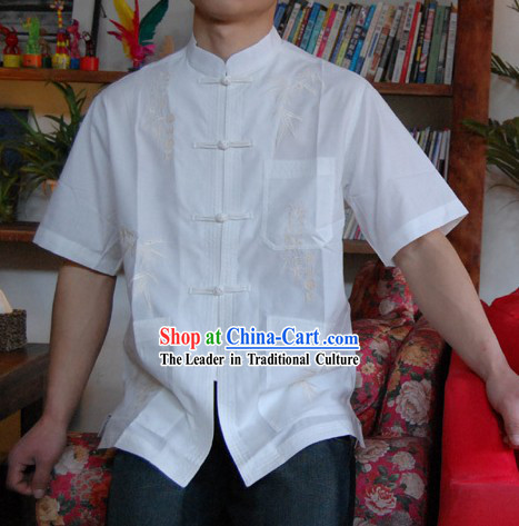 Chinese Mandarin Style Short Handed White Flax Bamboo Shirt