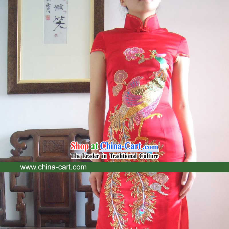 Elegant Chinese Mandarin Phoenix Tail Long Cheongsam _Qipao_