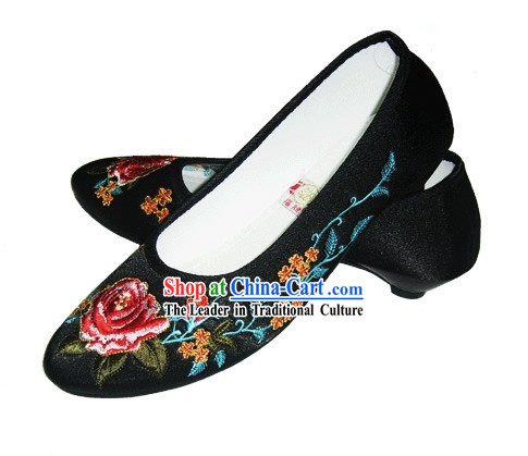 Chinese Traditional Handmade Embroidered Satin Shoes _peony, black_