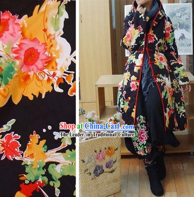 Supreme Chinese Long Yellow Flowery Handmade Winter Cotton Jacket