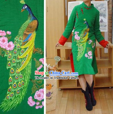 Supreme Chinese Green Hands Painted Peacock Winter Cotton Cheongsam
