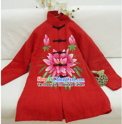 Chinese Classic Mandarin Red Lotus Winter Outercoat for Women