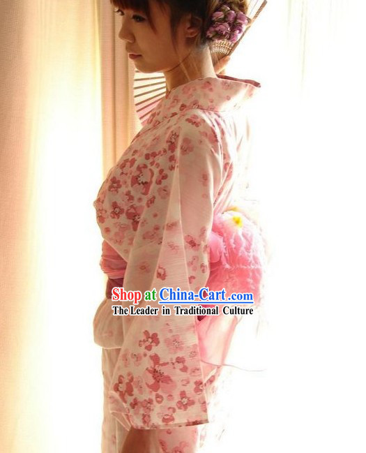 Traditional Pink Flowery Japanese Kimono Handbag and Geta Complete Set
