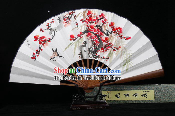 Sparrow and Plum Blossom Hand Painted Folding Fan for Men