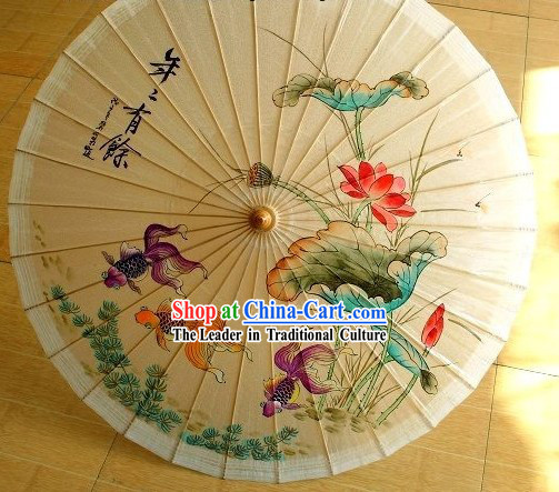 Chinese Hand Painted Goldfish and Lotus Umbrella