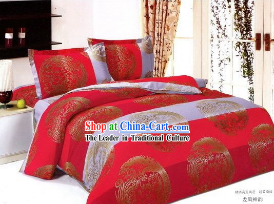 Chinese Red amd White Traditional Wedding Dragon Phoenix Bedding Set