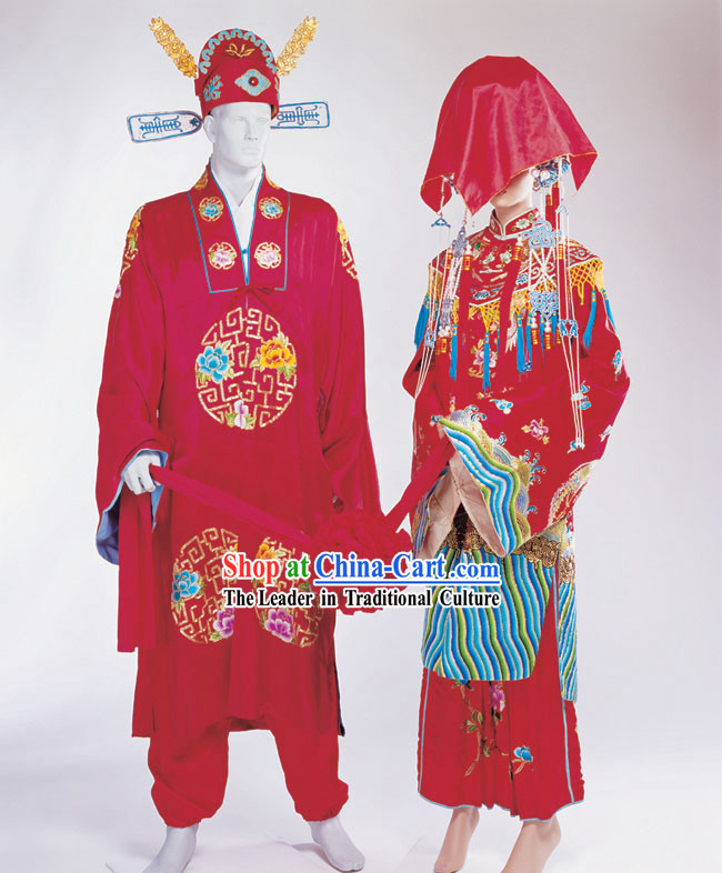 Chinese Ancient Wedding Hats and Costume 2 Sets