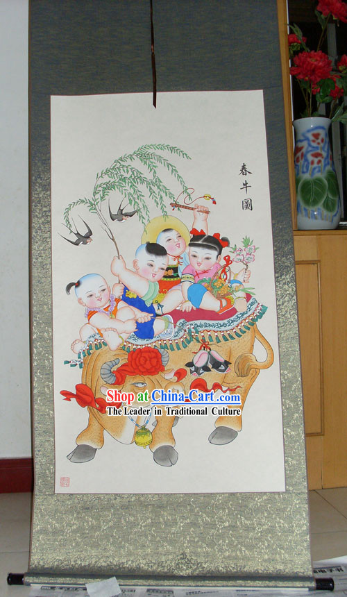 Chinese Traditional Painting _ Yangliuqing Folk Painting - Cow and Children