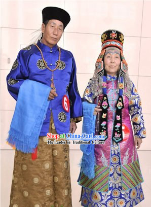 Chinese Mongolian Clothing and Mongolian Hat 2 Sets for Men and Women