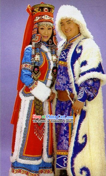 Chinese Traditional Mongolian Costume for Bride and Bridegroom