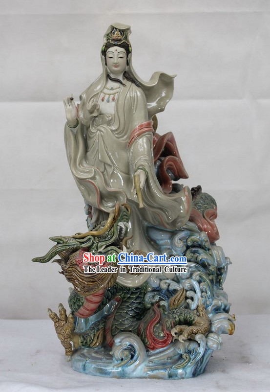 Guan Yin Ridding Dragon Shiwan Ceramics Figurine