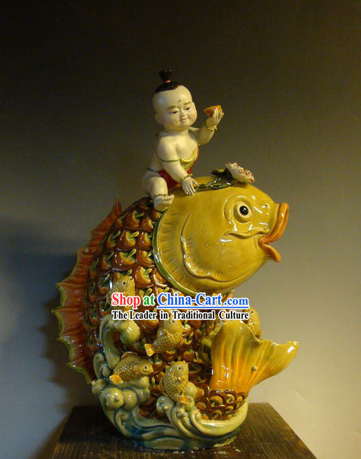 Feng Shui Carp and Boy Chinese Shiwan Ceramic Figurine