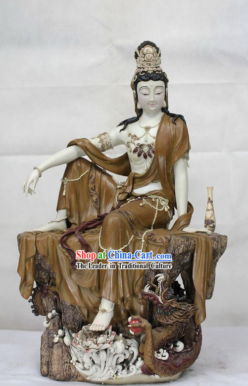 Chinese Dragon and Guan Yin Shiwan Ceramic Sculpture Figurine