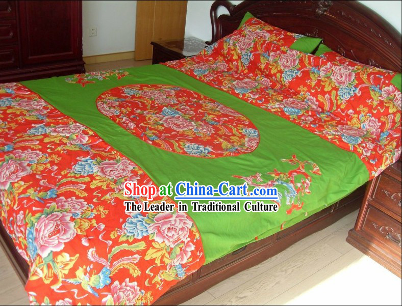 Traditional Chinese Wedding Bed Sheet and Pillows Complete Set
