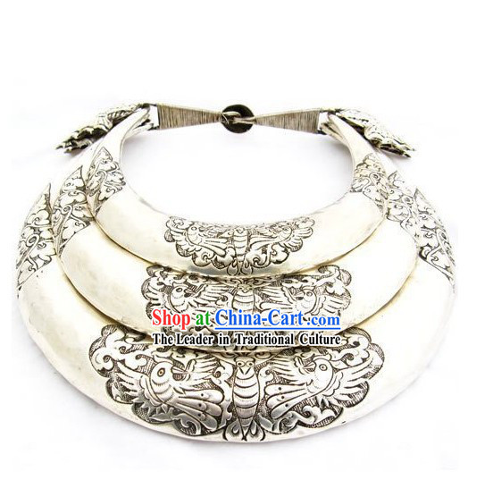 Three Layers Large Silver Miao Minority Necklaces