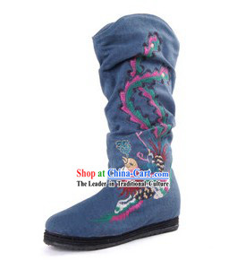 Chinese Handmade Phoenix Embroidered Cloth Boots