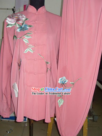 Chinese Embroidered Flower Silk Tai Chi Clothes Set