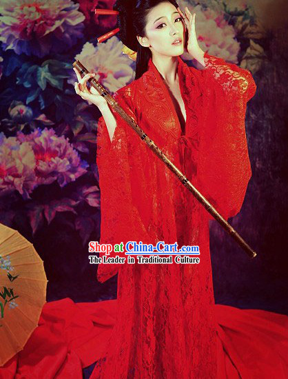 Lucky Red Long Trail Hanfu Clothing Complete Set for Women