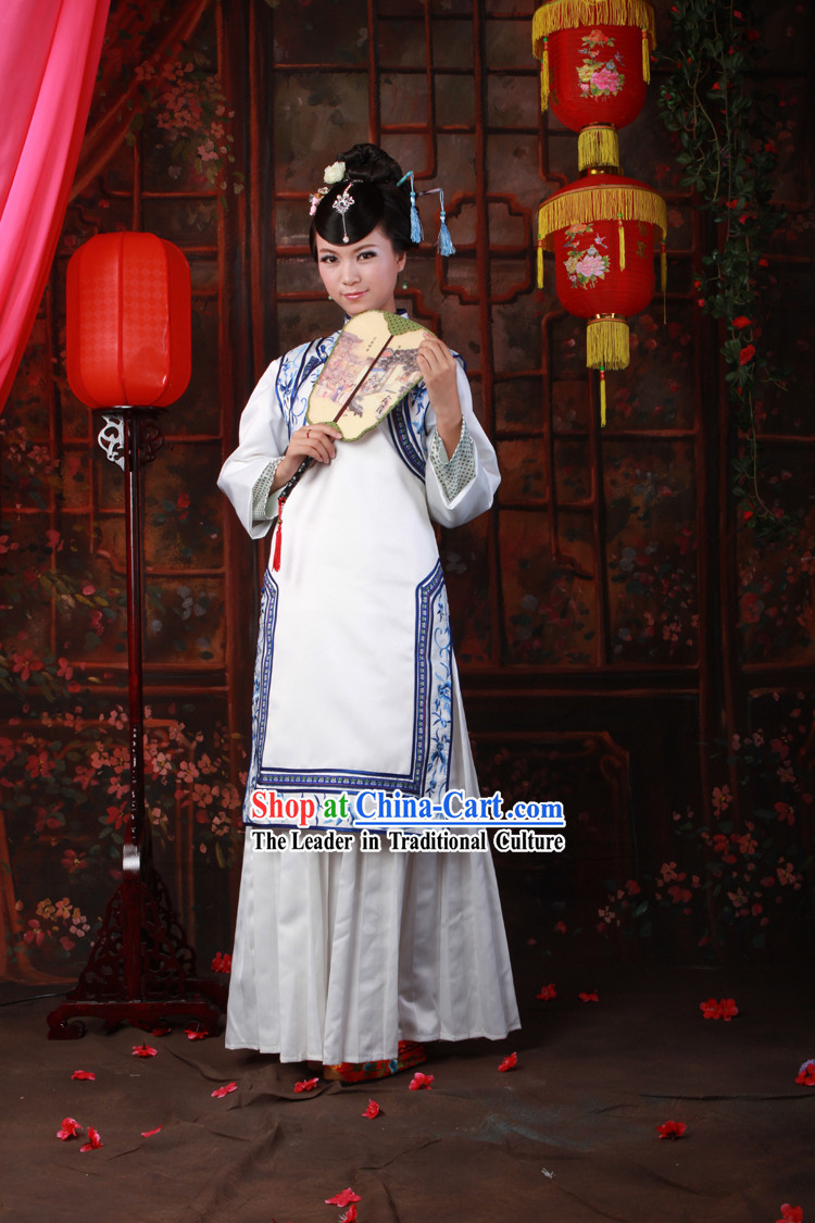 Qing Dynasty White Embroidered Flower Lady Clothing for Women