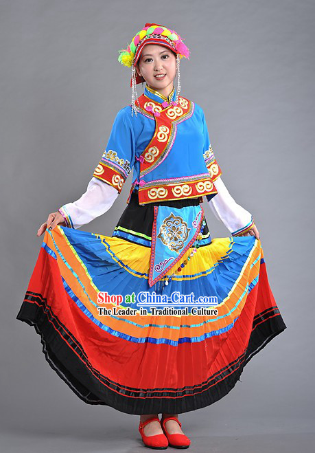 Chinese Yi Nationality Torch Festival Dance Costume and Hat for Women