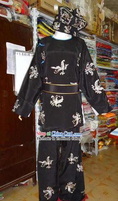 Black Beijing Opera Embroidered Costume and Hat for Men