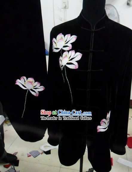 Black Silk Embroidered Lotus Kung Fu Uniform for Women
