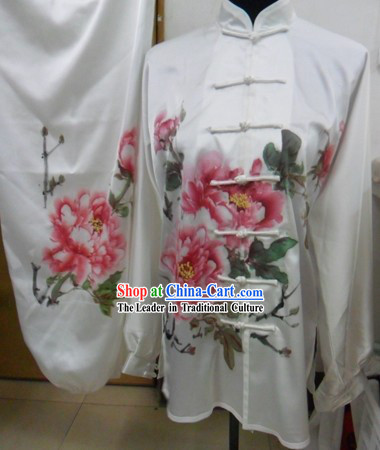 Long Sleeve Silk Hand Painted Peony Tai Chi Competition Uniforms for Women