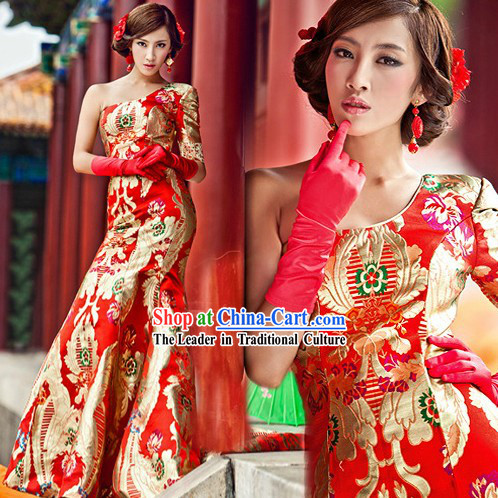 Chinese Classic Red Golden Dragon Wedding Evening Dress