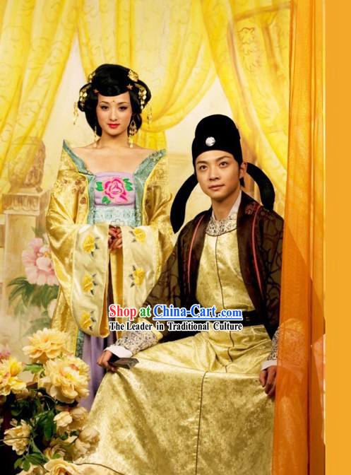 Ancient Chinese Tang Dynasty Husband and Wife Clothing and Hat Two Complete Sets