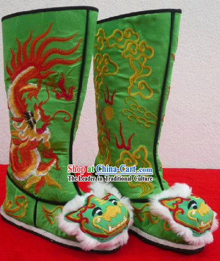 Chinese Classical Green Long Dragon Boots for Men